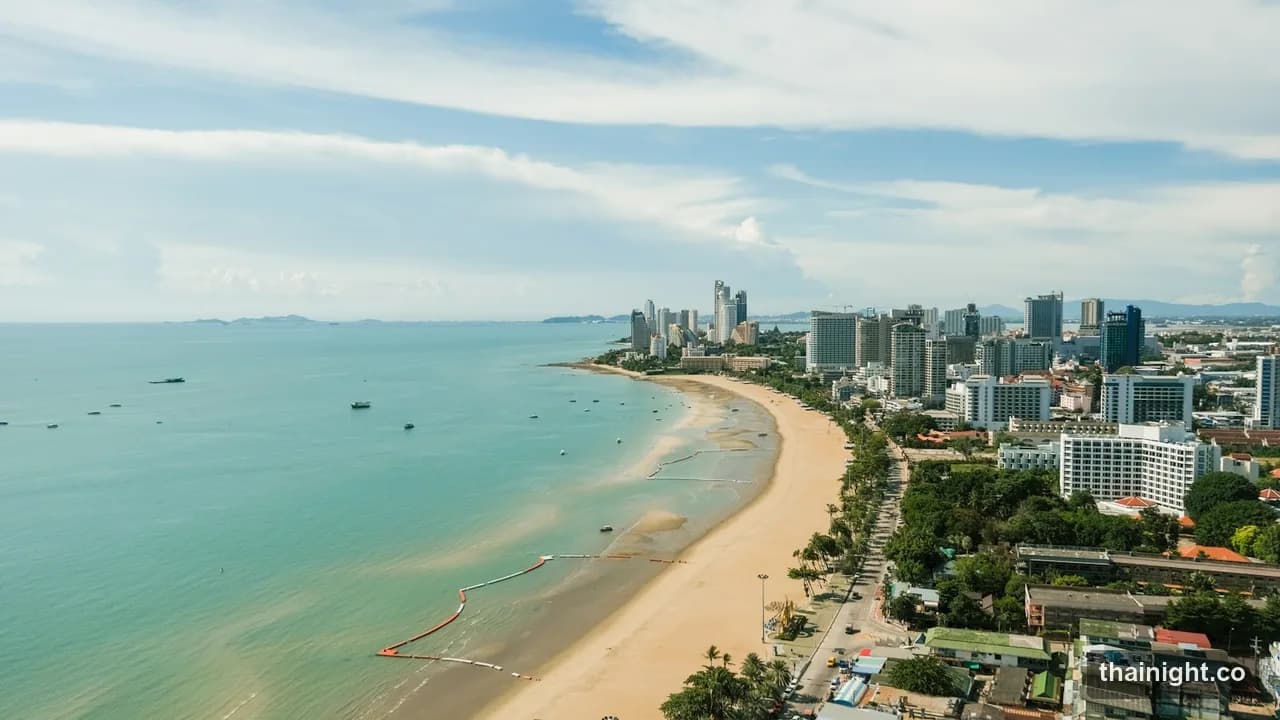 Pattaya Bay from above: the beach road curve and hotel towers