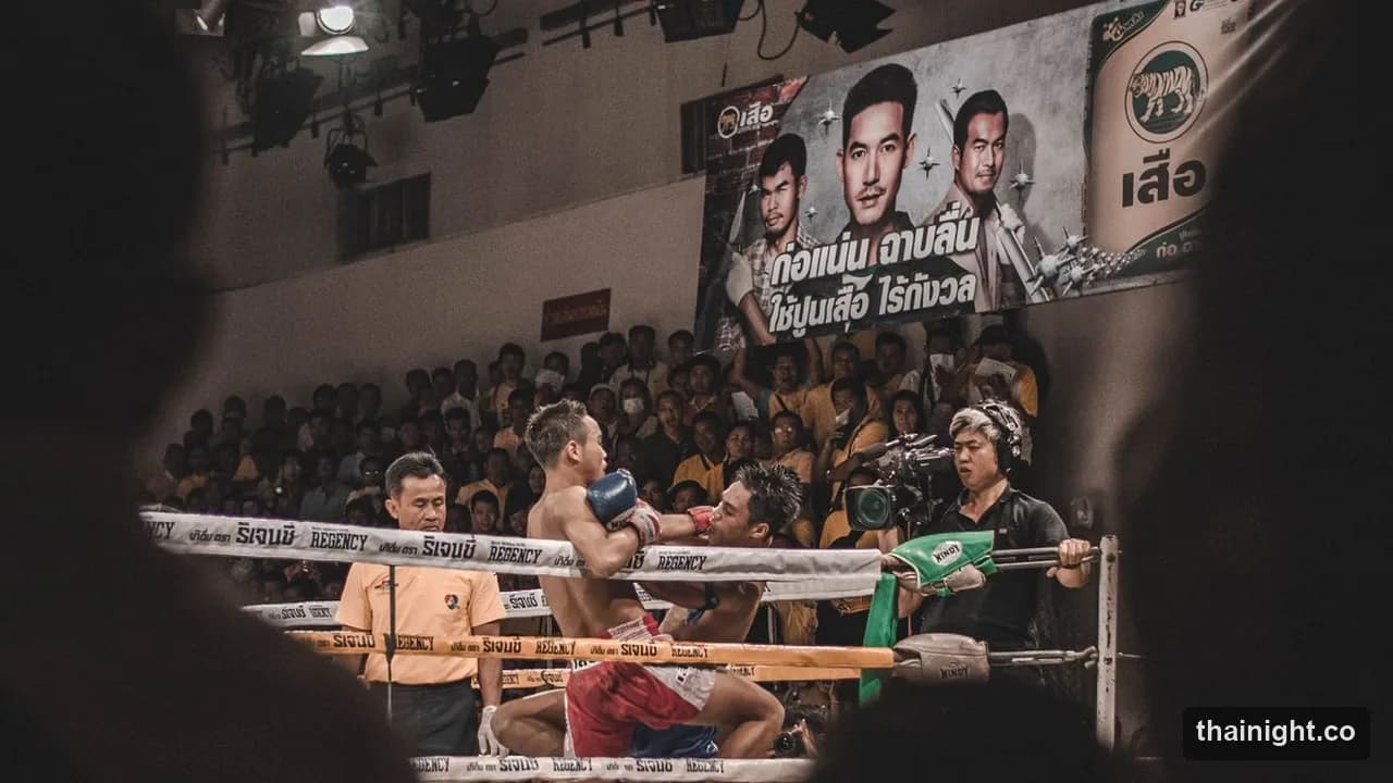 Muay Thai fighters in the ring at a Bangkok stadium, crowd behind